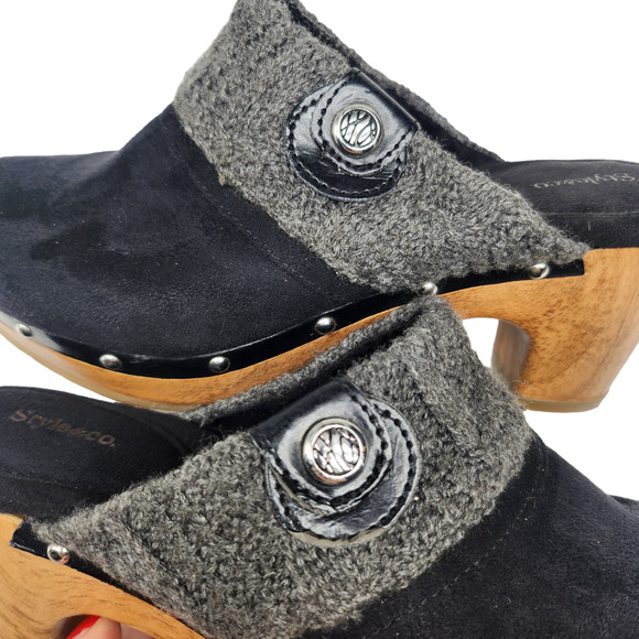 Black Studded Mules Clogs Womens 7 Cable Knit Slip Ons Wood Chunky Comfy Warm - Picture 6 of 11